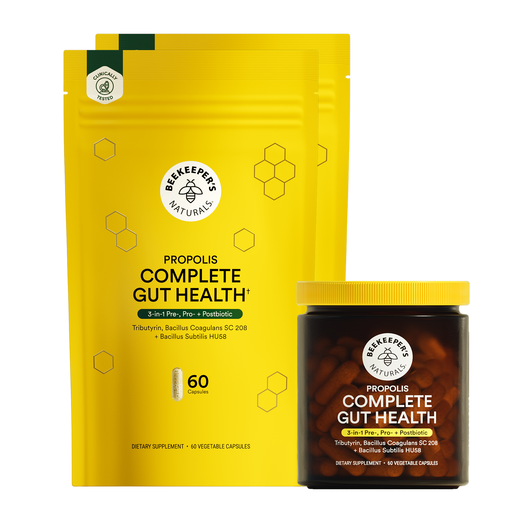 Beeskeeper's Naturals Propolis Complete Gut Health supplement packaging on a white background