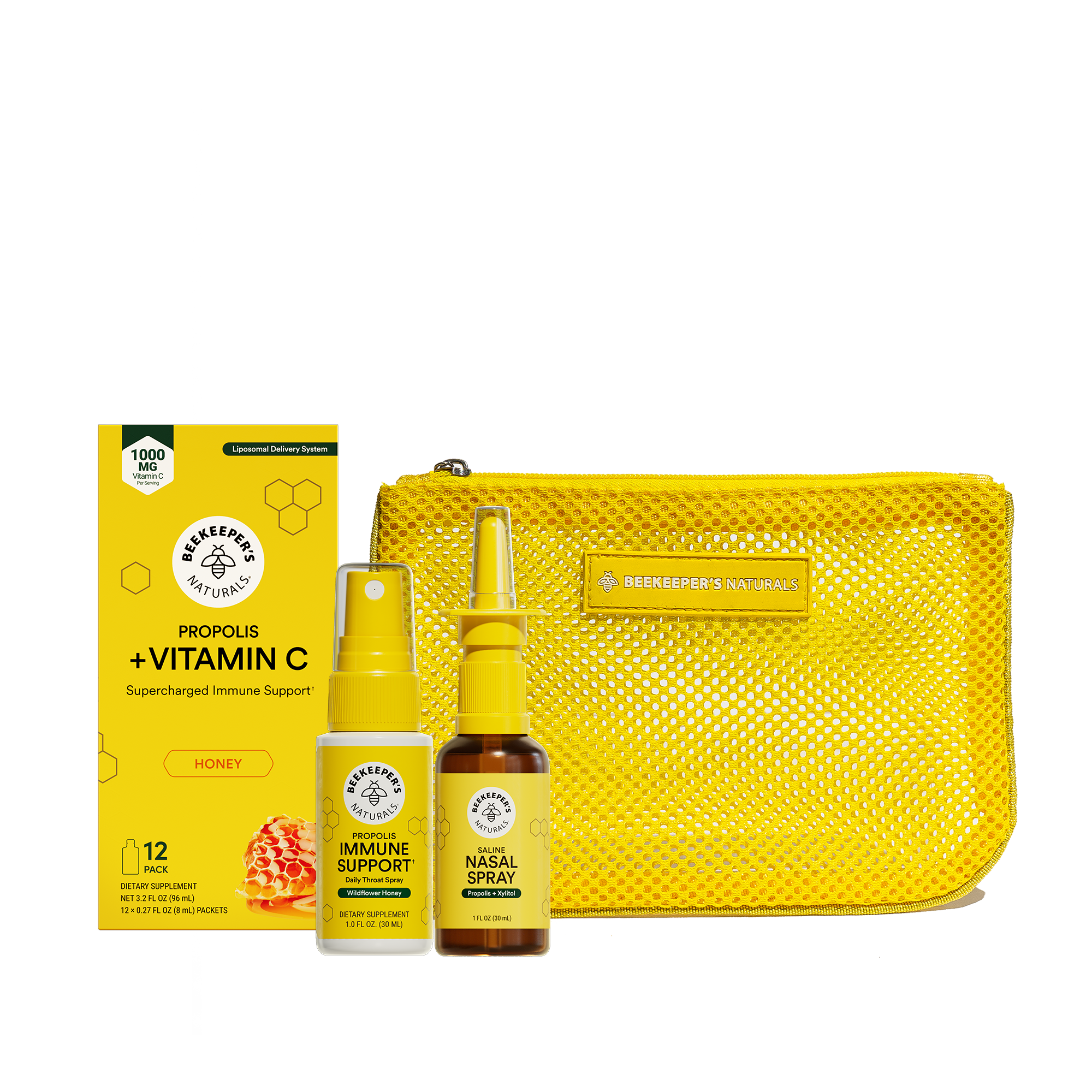 Health supplement set with bottles, packaging, and a pouch on a white background