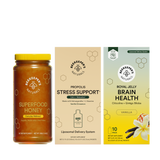 Superfood honey jar and two supplement packages on a white background