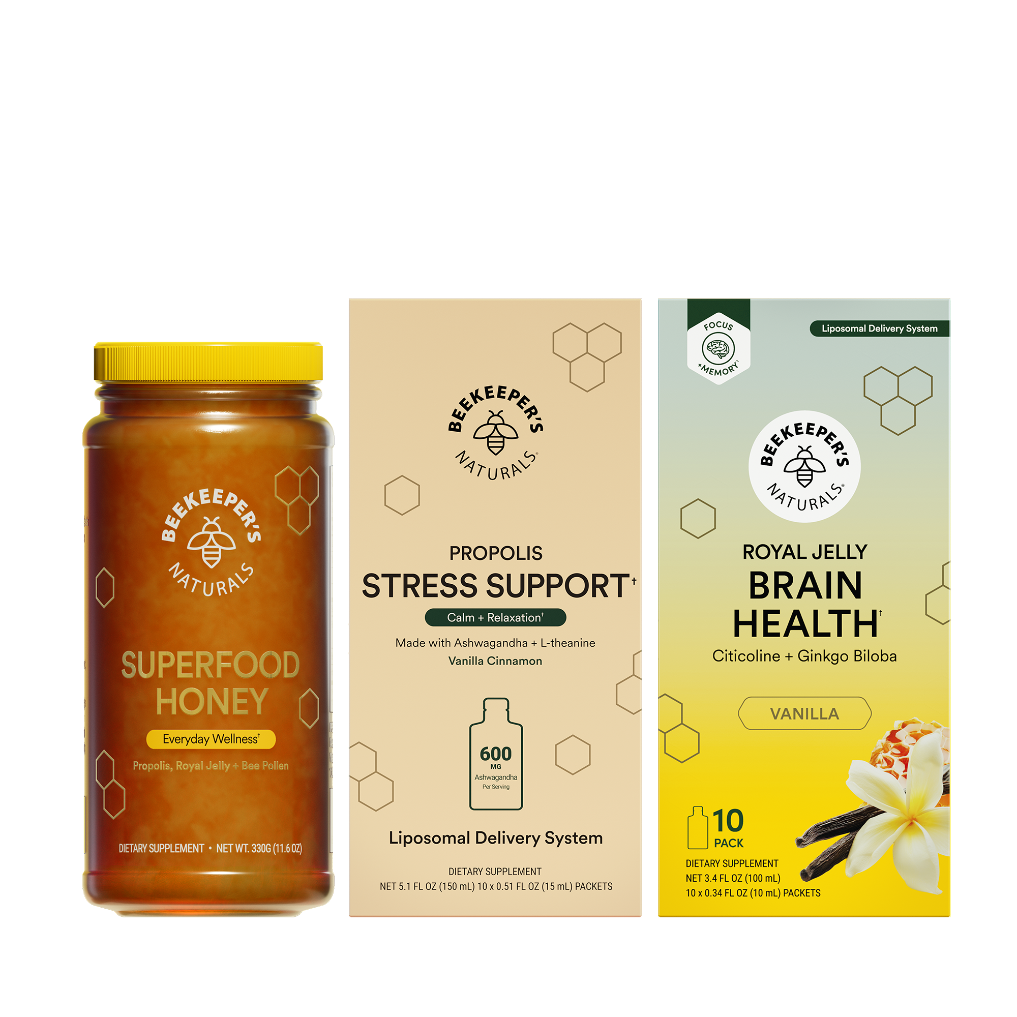Superfood honey jar and two supplement packages on a white background