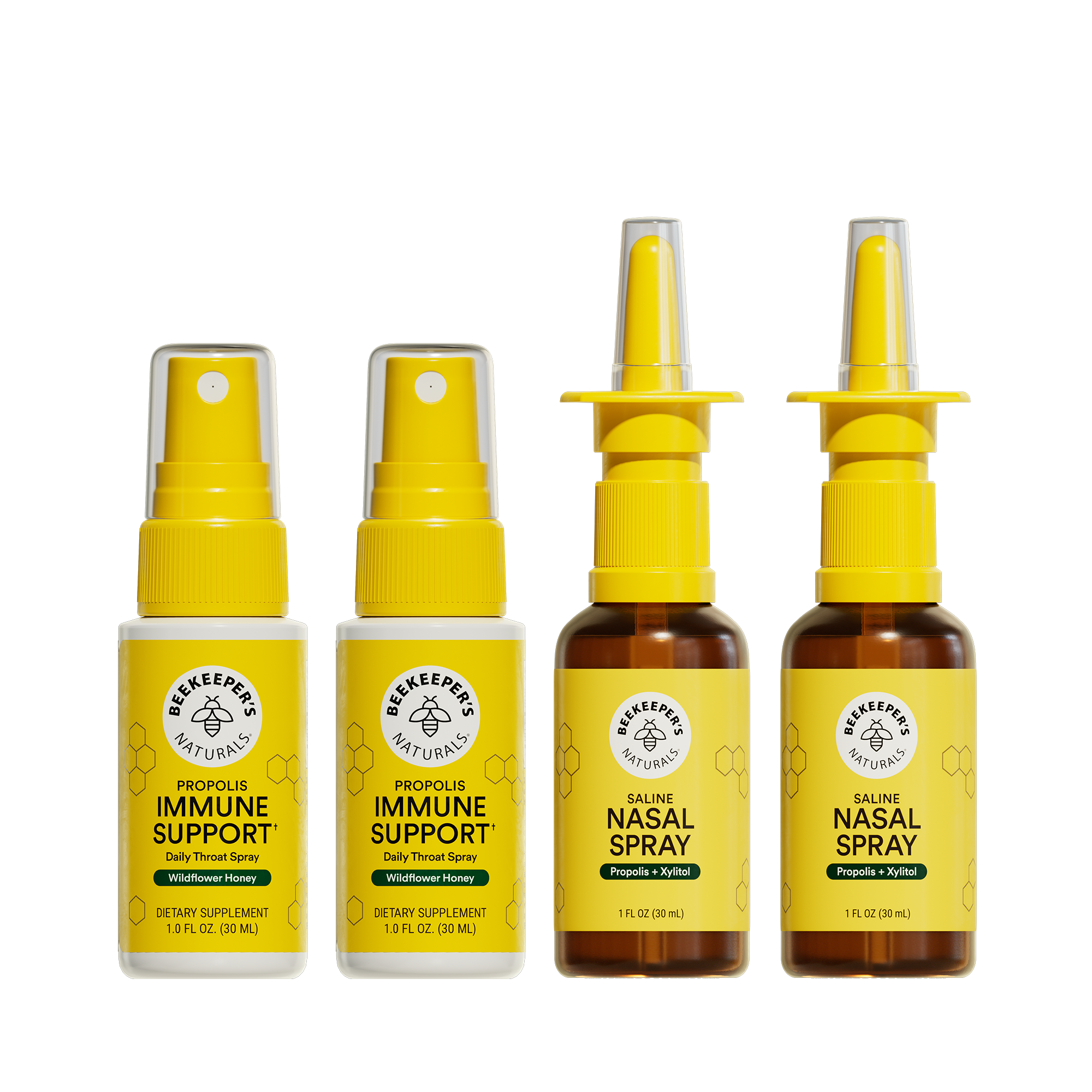 Four bottles of Beekeeper's Naturals immune support and nasal spray products on a white background.