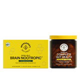 Beekeeper's Naturals Brain Nootropic supplement box and Propolis Complete Gut Health jar on a white background