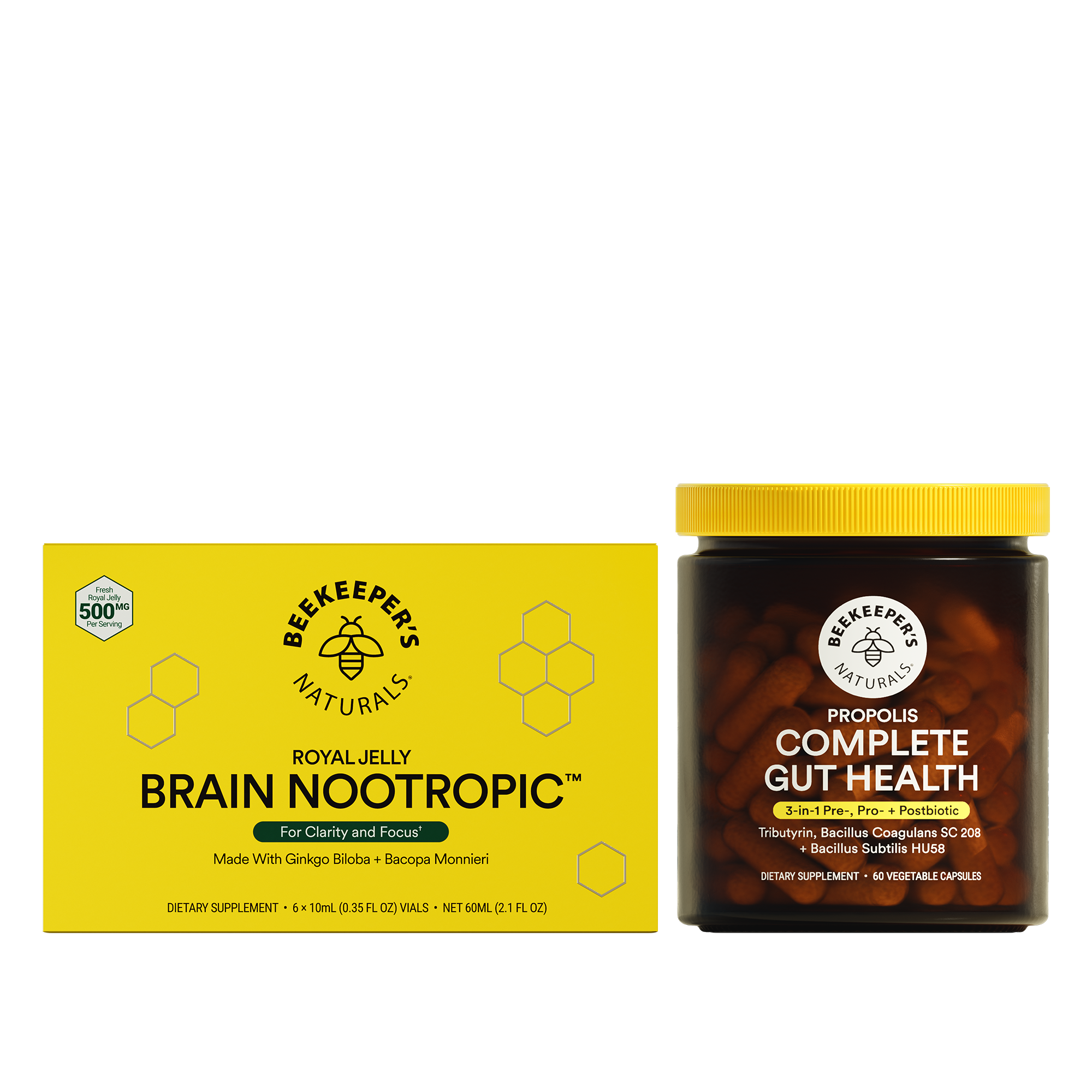 Beekeeper's Naturals Brain Nootropic supplement box and Propolis Complete Gut Health jar on a white background