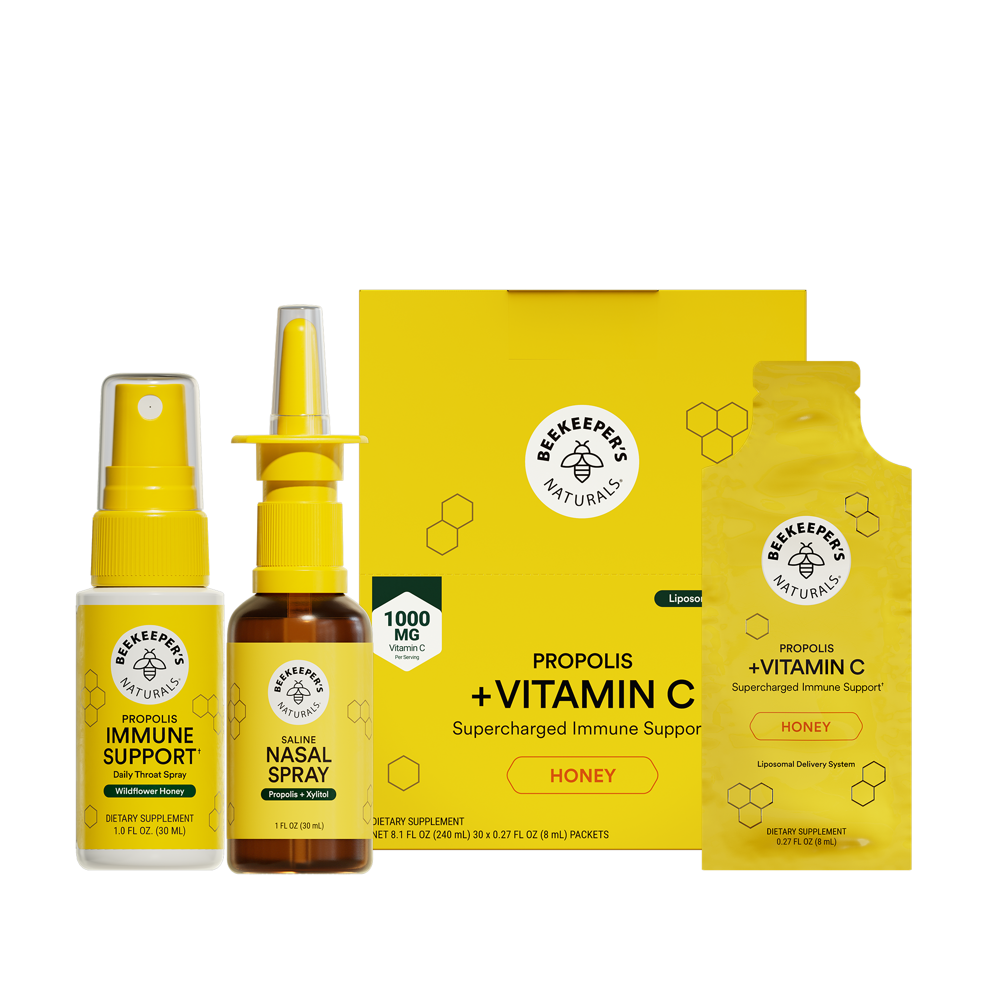 Front view of Daily Immune Bundle with throat spray, nasal spray, and propolis vitamin C packets in yellow packaging
