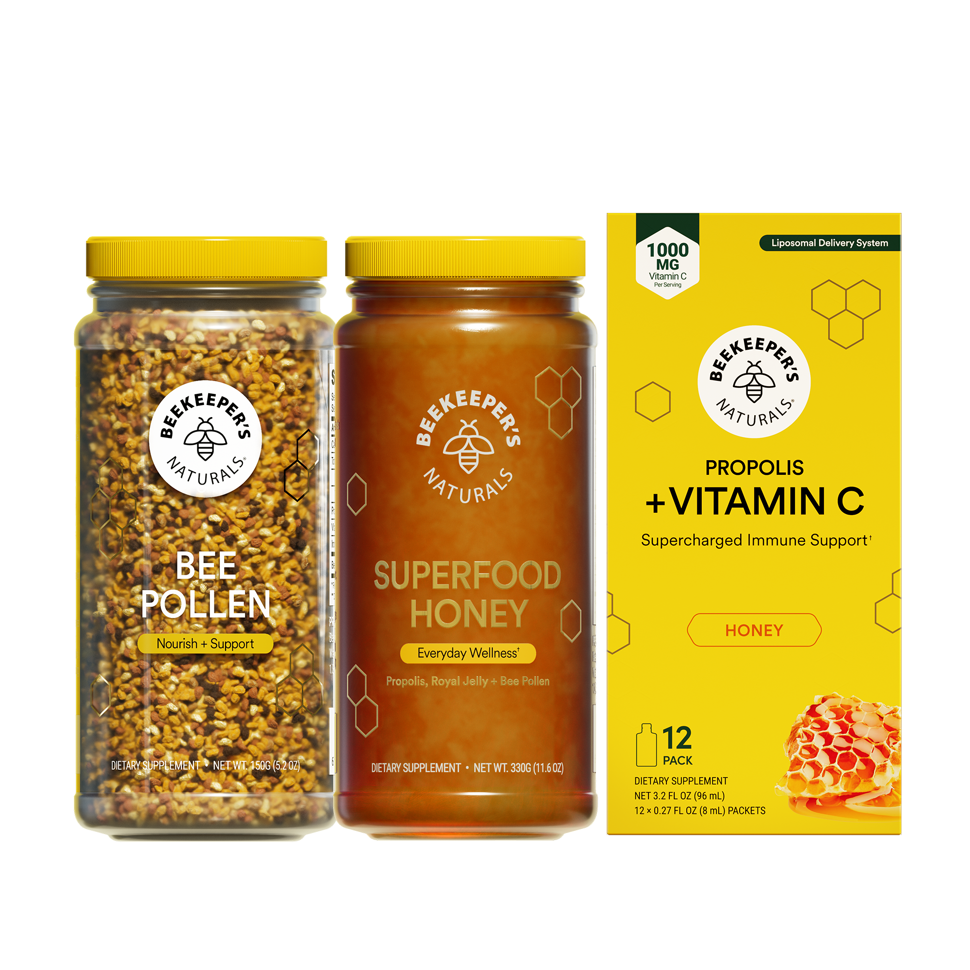 Three Beekeeper's Naturals products including bee pollen, superfood honey, and a vitamin C supplement box on a white background.