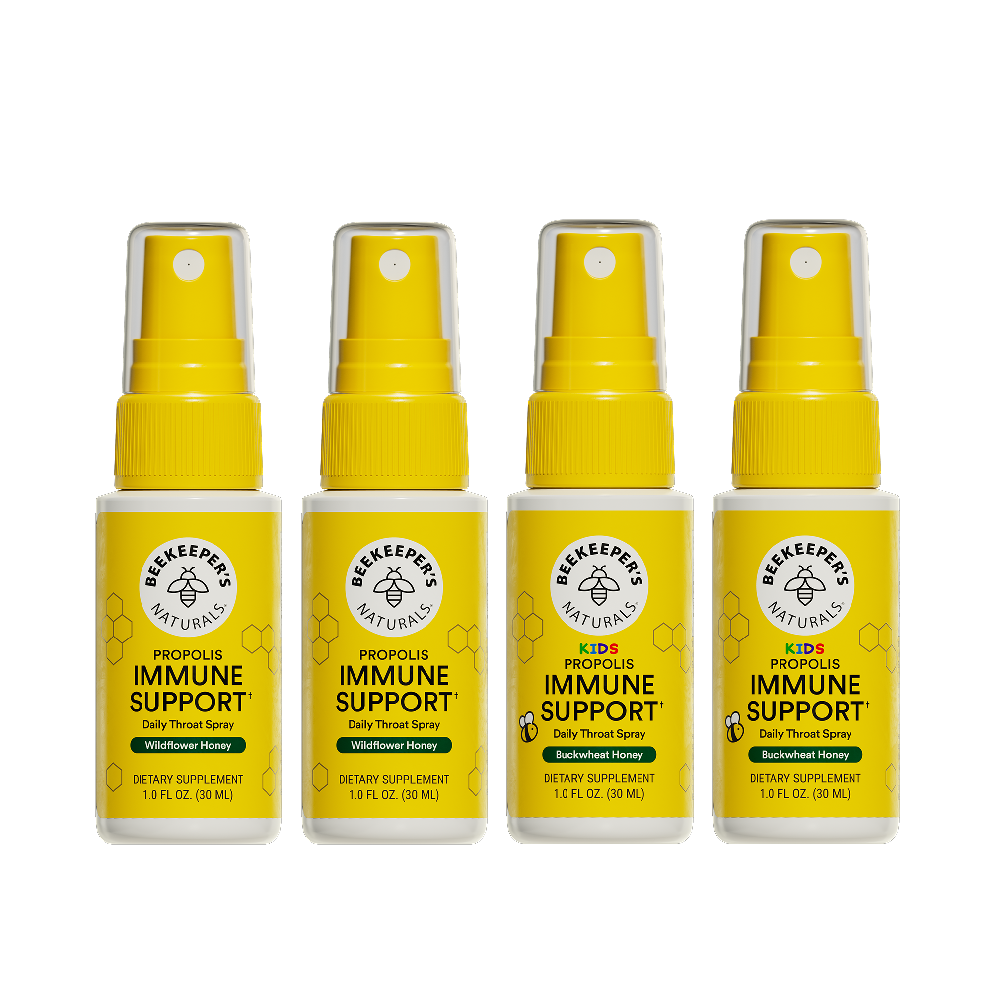 Four bottles of Beekeeper's Naturals Immune Support spray on a white background