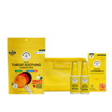 Collection of products including lozenge pops, immune support spray, and vitamin C supplement on a white background.
