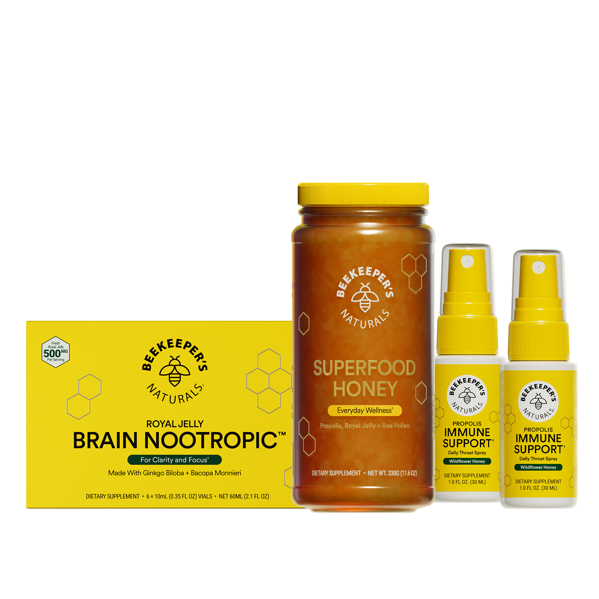 Collection of Beekeeper's Naturals products including honey, brain nootropic, and immune support sprays on a white background.