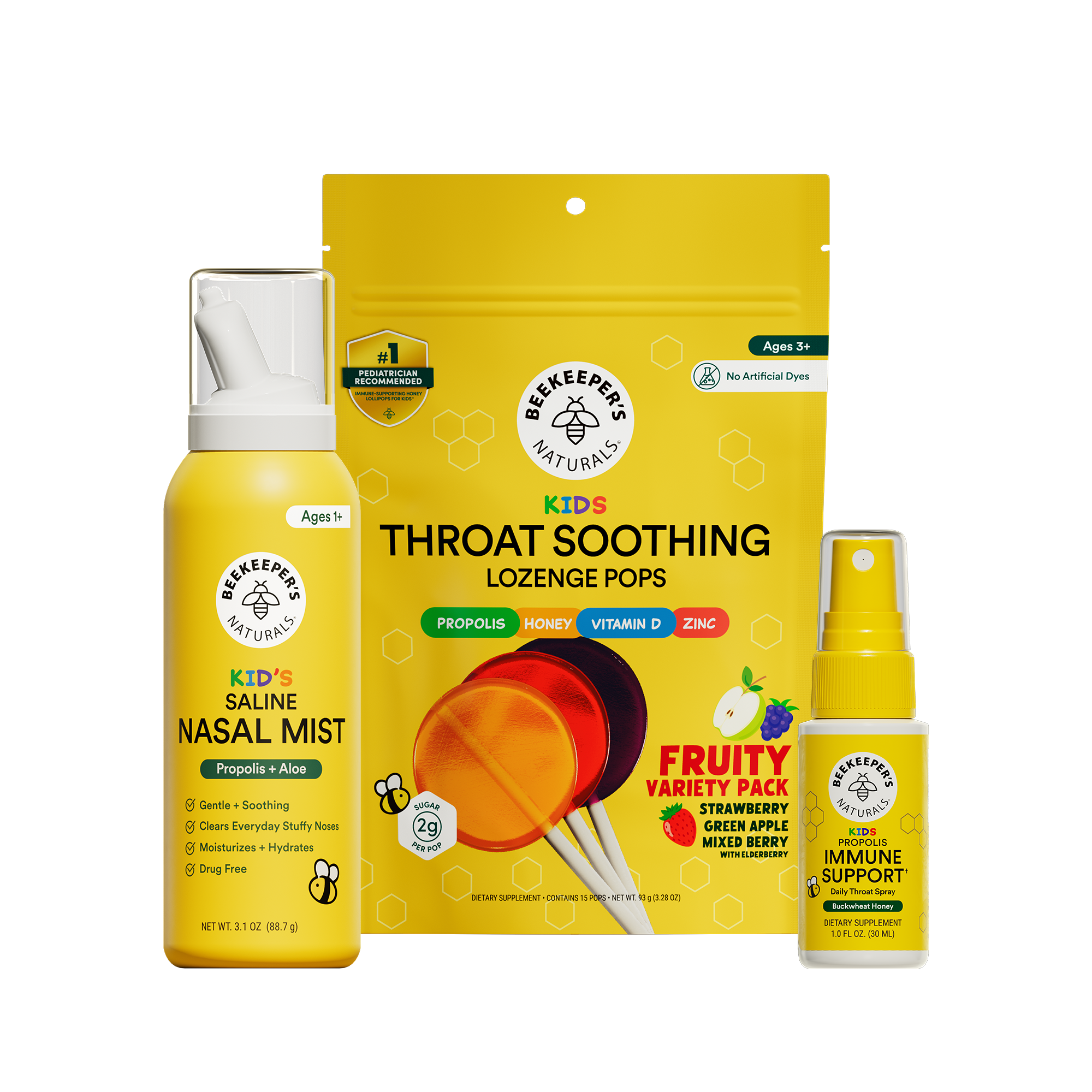 Beekeeper's Naturals health and wellness products including saline mist, lozenge pops, and immune support spray on a white background.