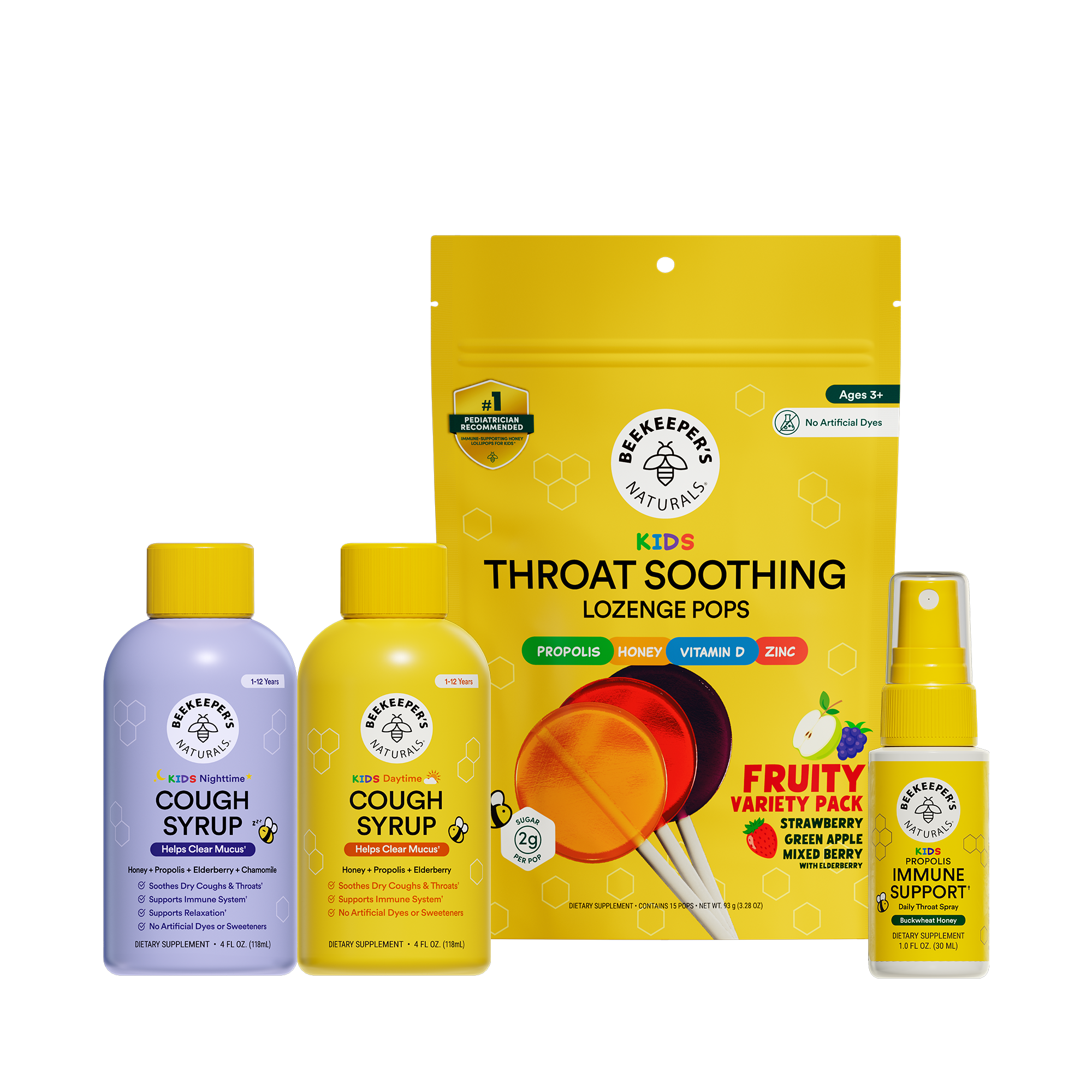 Collection of Beekeeper's Naturals health products including cough syrup, lozenge pops, and immune support spray on a white background.