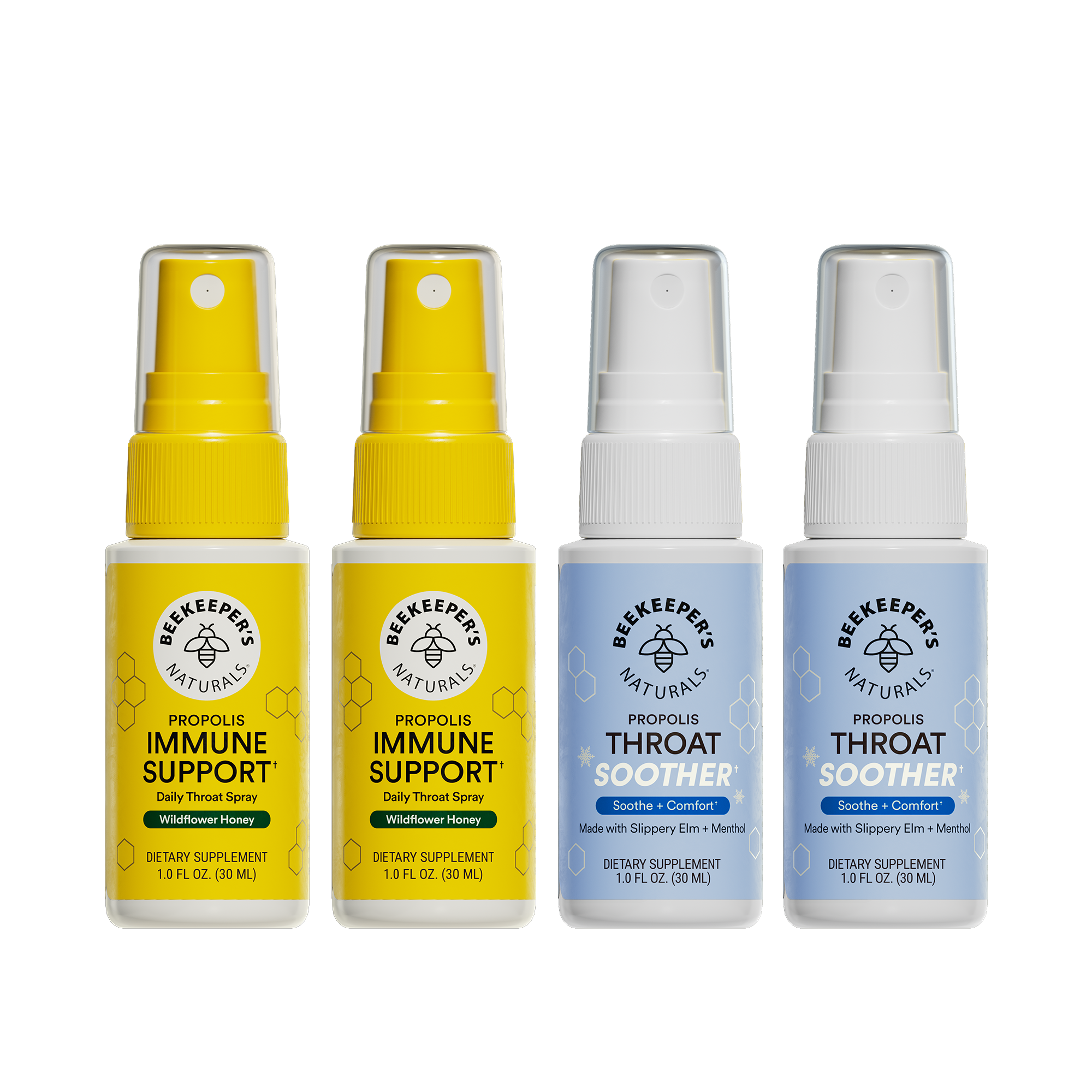 Two bottles of Beekeeper's Naturals Propolis Immune Support spray and two bottles of Throat Soother spray on a white background.
