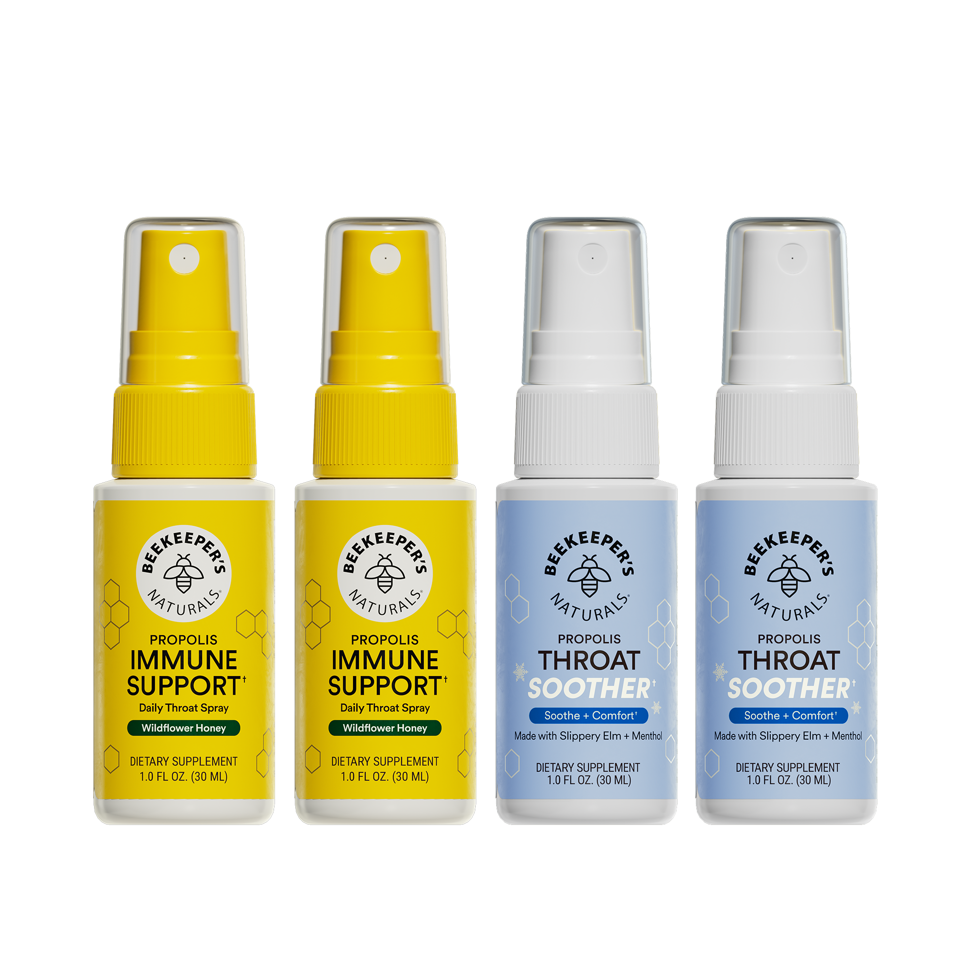 Two bottles of Beekeeper's Naturals Propolis Immune Support spray and two bottles of Throat Soother spray on a white background.
