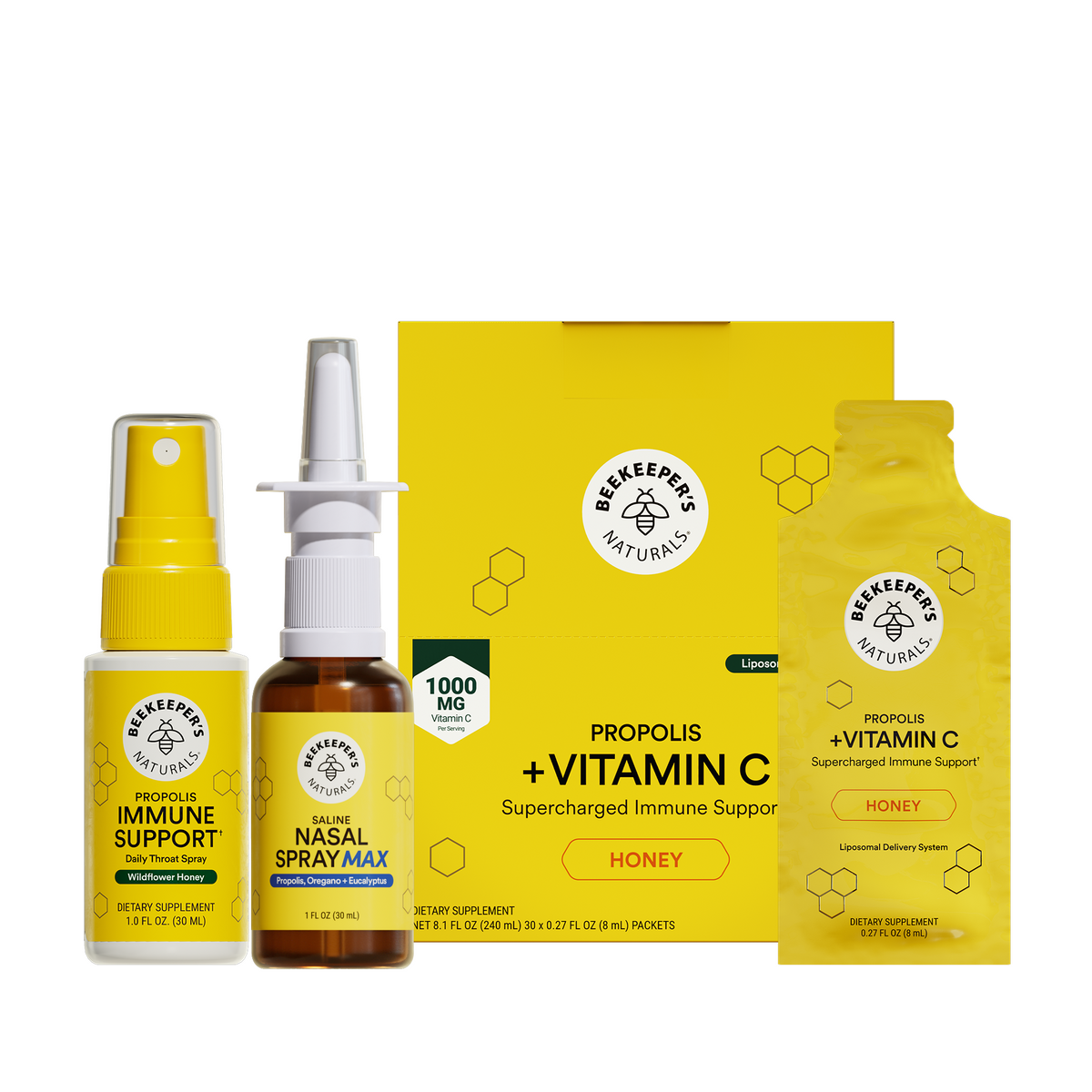 Beekeeper's Naturals Propolis + Vitamin C Supercharged Immune Support kit, featuring a yellow box, a yellow nasal spray bottle, a yellow immune support tablet bottle, and a yellow vitamin C packet on a white background.