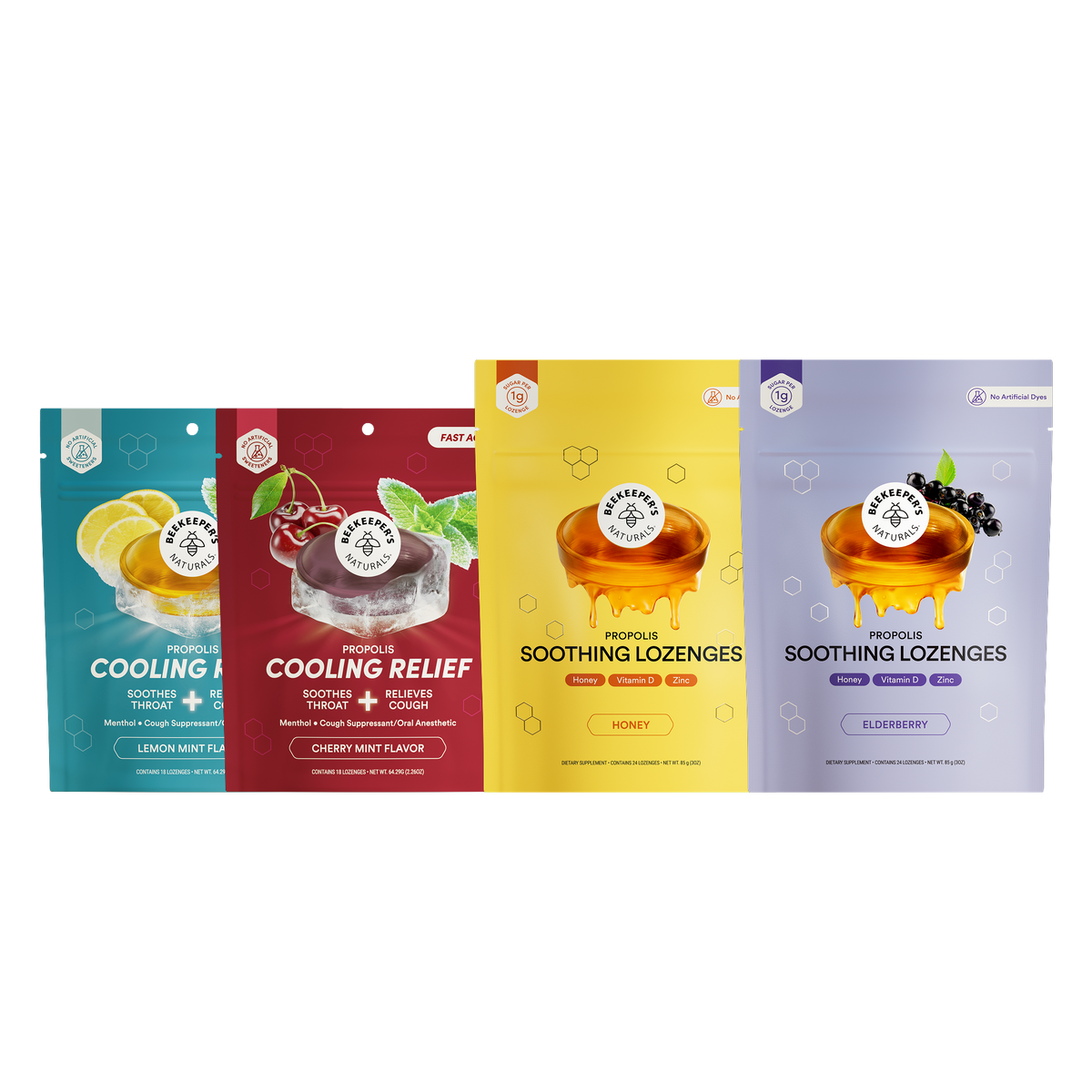Beekeeper's Naturals Cooling Relief Lozenges in Cherry Mint and Lemon Mint, and Soothing Lozenges in Honey and Elderberry.