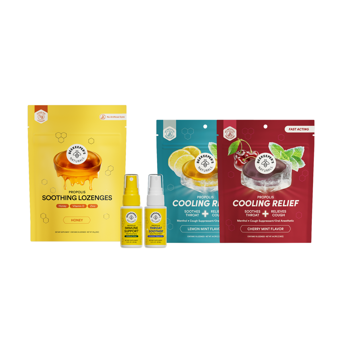 Beekeeper's Naturals propolis throat soother, propolis immune support daily spray, soothing lozenges, and 2 cooling relief lozenges flavored cherry mint & lemon mint.