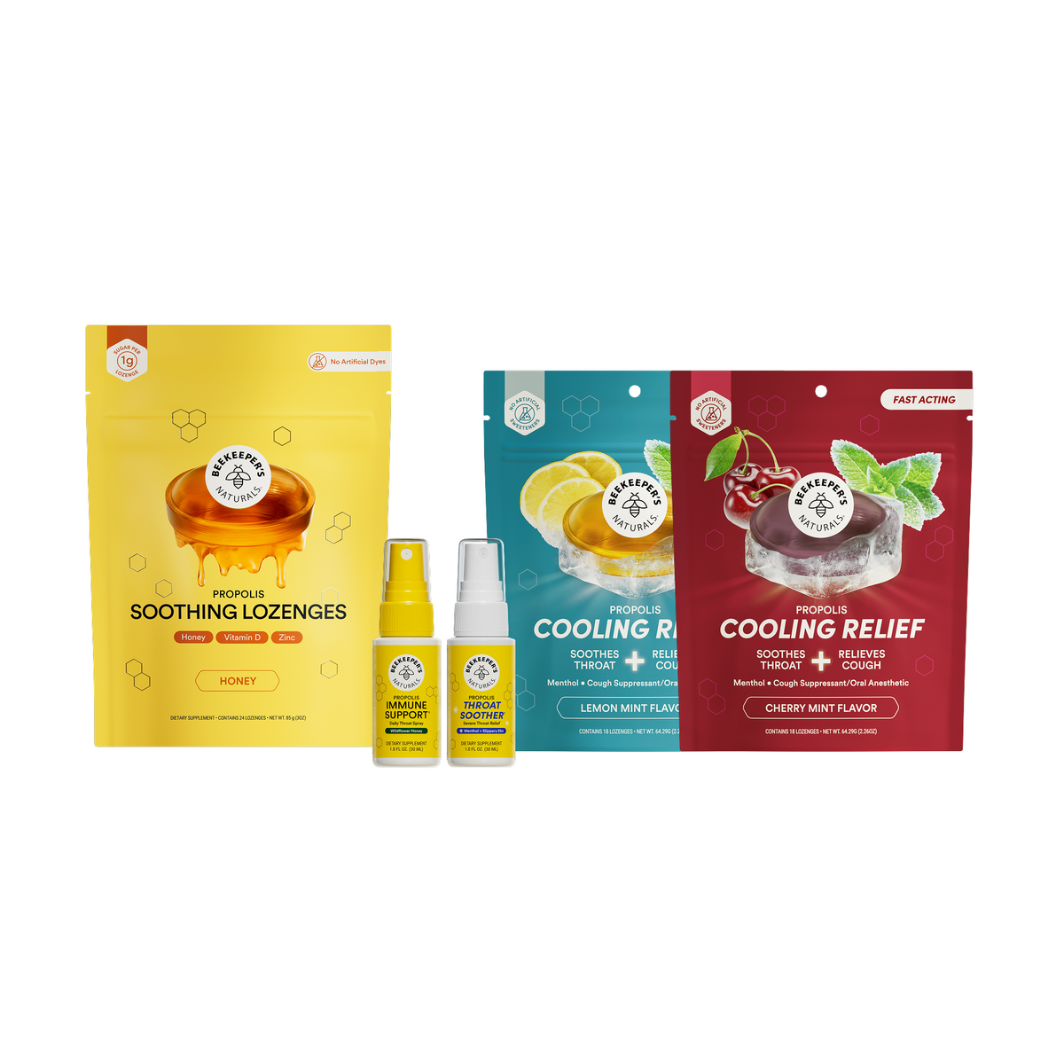 Beekeeper's Naturals propolis throat soother, propolis immune support daily spray, soothing lozenges, and 2 cooling relief lozenges flavored cherry mint & lemon mint.