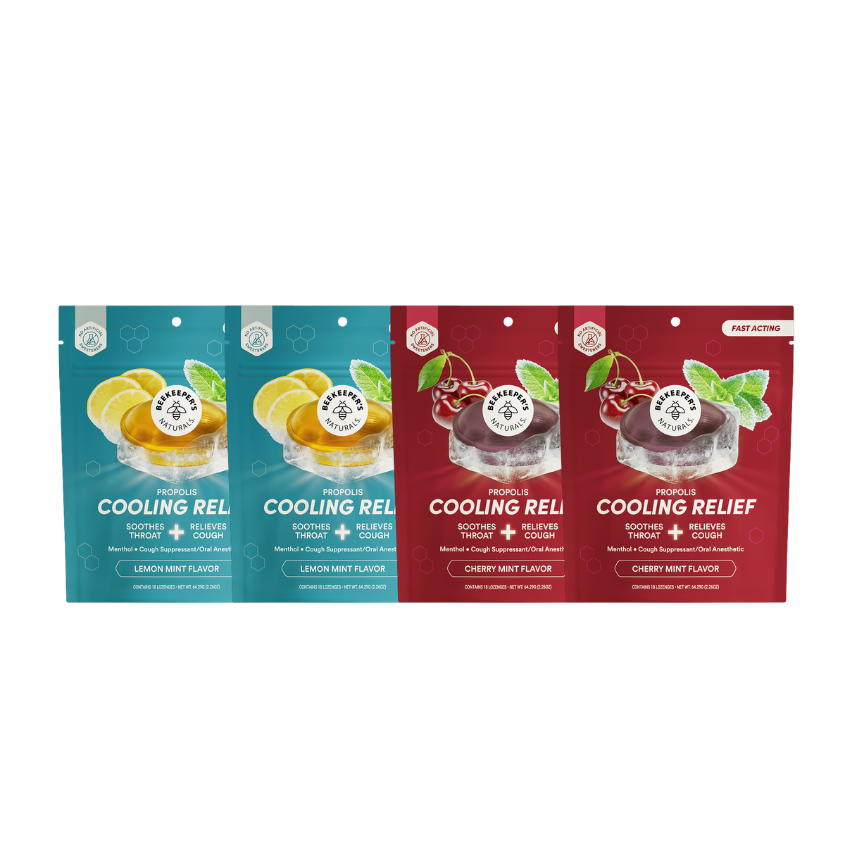 4 propolis cooling relief lozenges from beekeepers naturals. 2 in lemon mint and 2 in cherry mint.