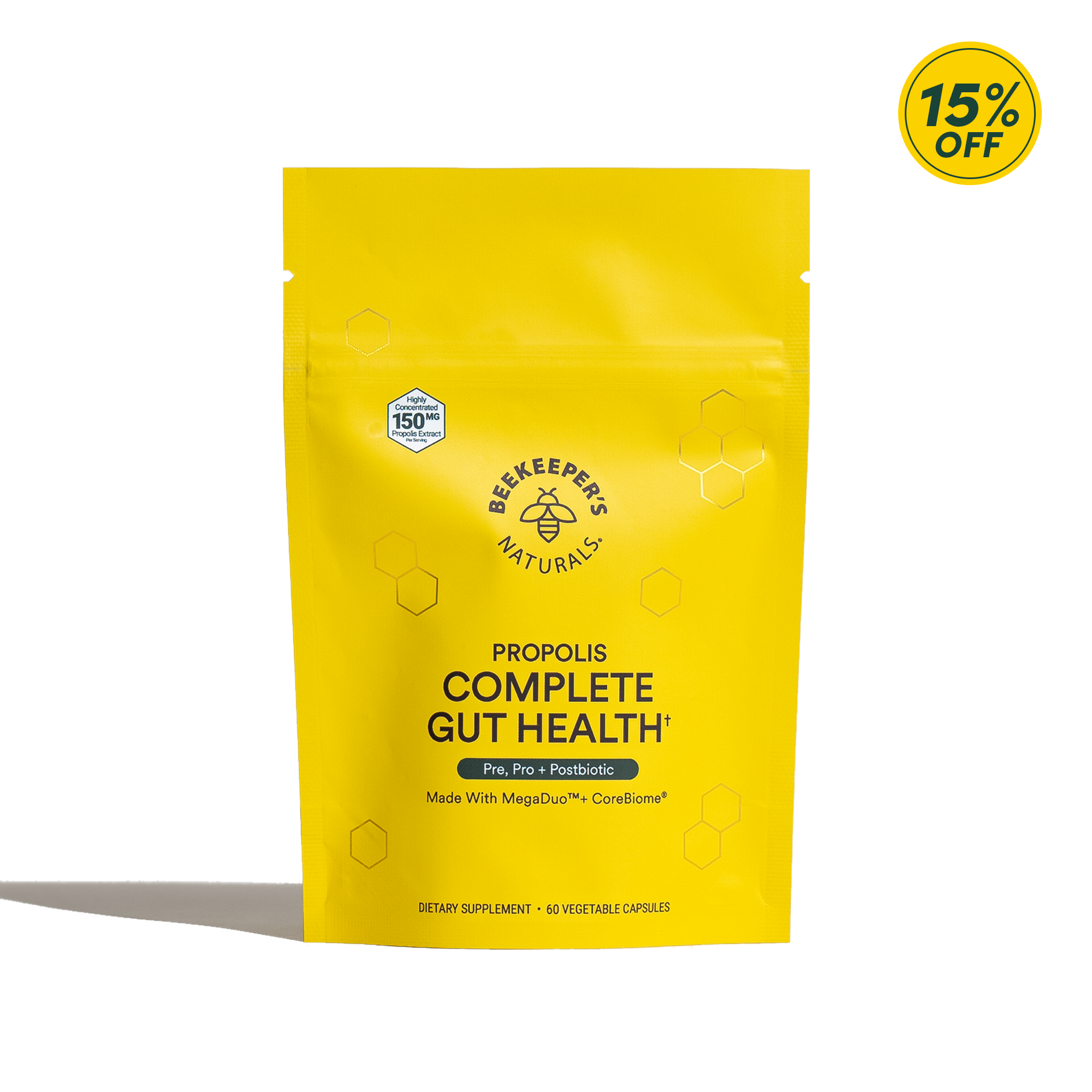 Propolis complete gut health supplement refill pack. 15% OFF. Pre, Pro + Postbiotic. 60 vegetable capsules.