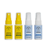 Four bottles of Beekeeper's Naturals immune support and throat soother sprays on a white background.