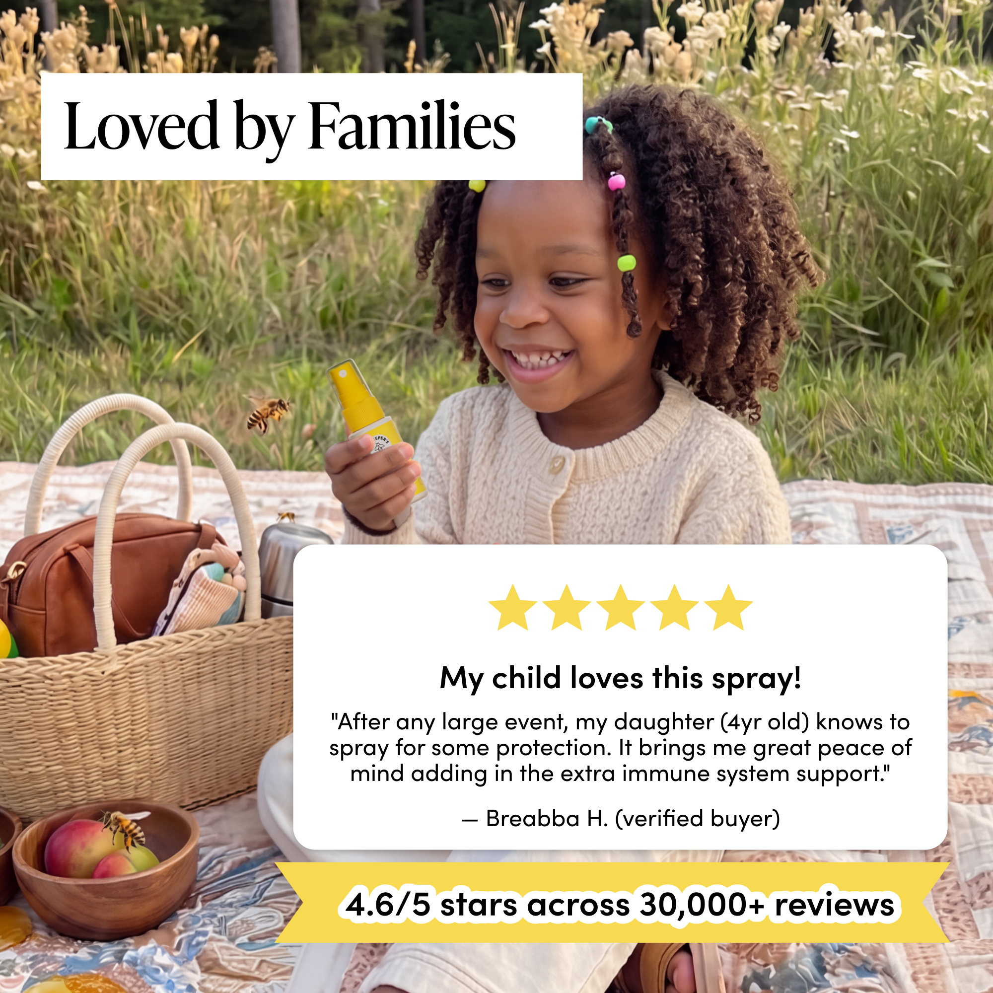 Child holding a spray bottle outdoors with a product review overlay.