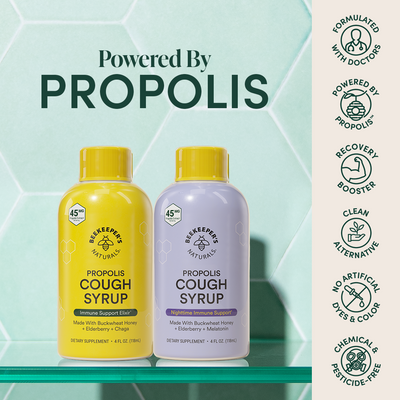 Daytime and Nighttime Propolis Cough Syrup set for immune support, with buckwheat honey and elderberry. BeeKeeper's Naturals.