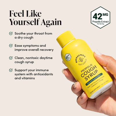 Relief from cough symptoms using Daytime Propolis Cough Syrup. Features 42mg of propolis extract, honey, elderberry and