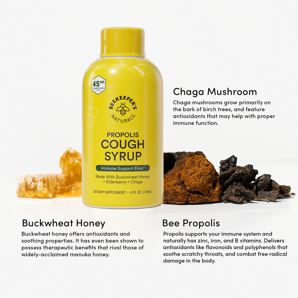 Beekeeper's Naturals Daytime Propolis Cough Syrup showing key ingredients: buckwheat honey, chaga mushroom, and bee propolis.