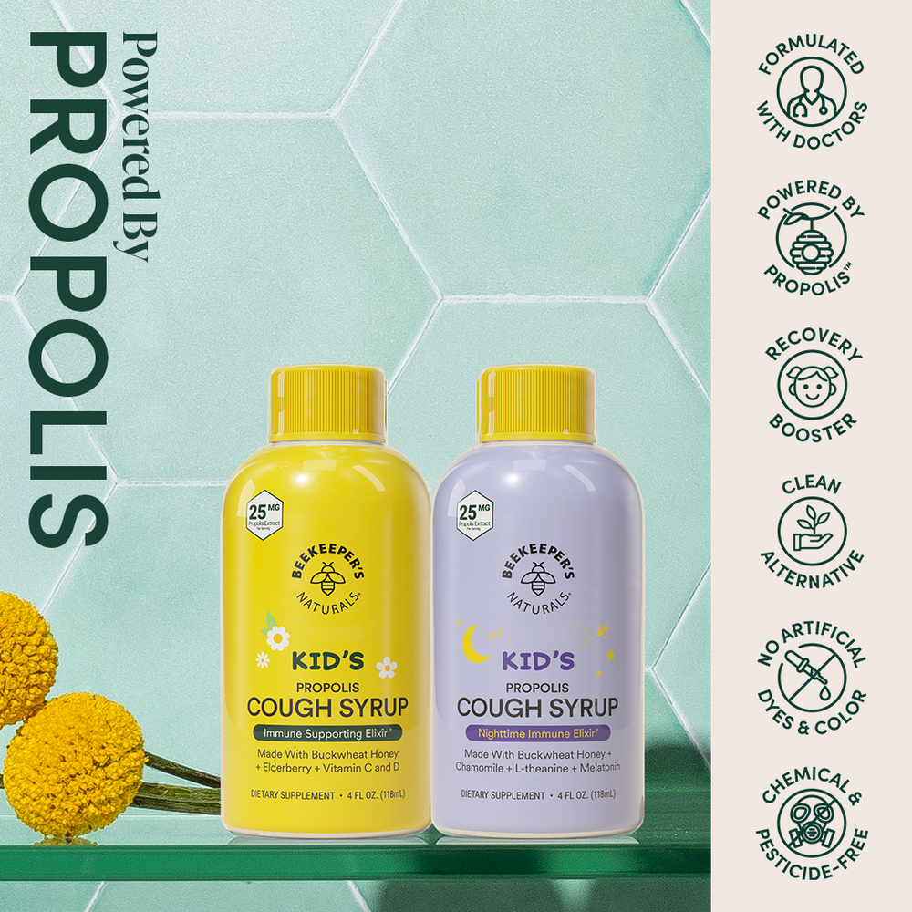 Kids Daytime Honey Cough Syrup: Immune-boosting propolis elixir for daytime & nighttime use. Natural ingredients, gentle