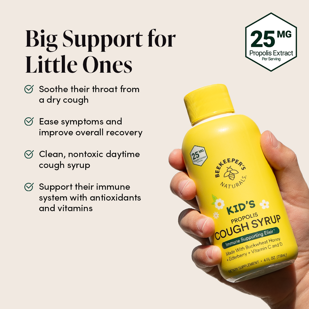 Kids Daytime Honey Cough Syrup, with propolis extract, promotes immune health. Contains buckwheat honey and elderberry.