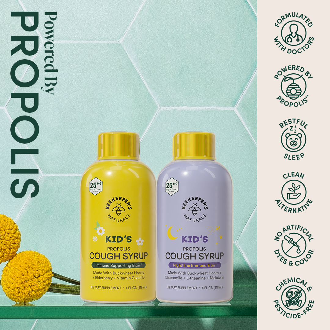 Kids cough syrup showcasing propolis's benefits. Immune support & nighttime options shown, with clean alternative formula