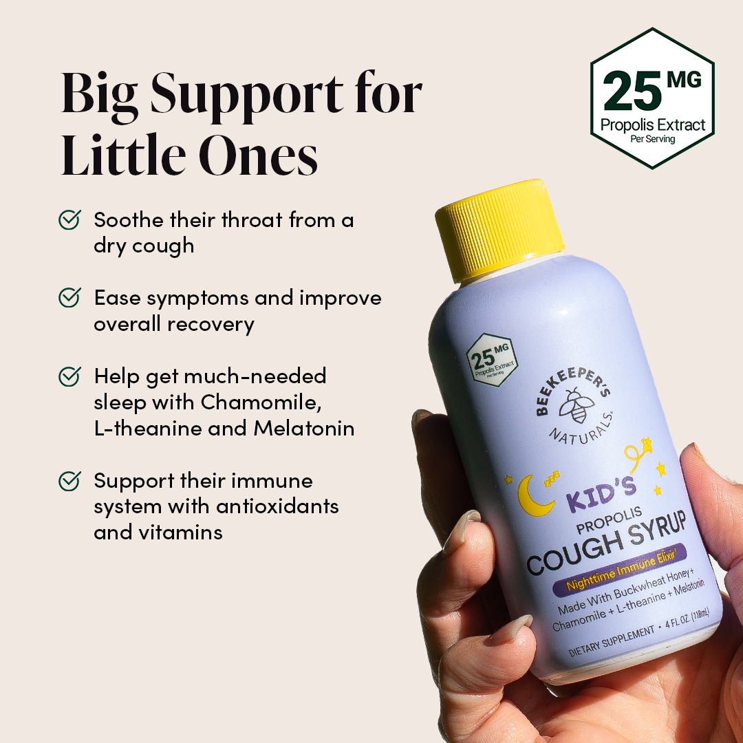 Kids Nighttime Honey Cough Syrup showing benefits like soothing coughs & supporting the immune system. Contains 25mg