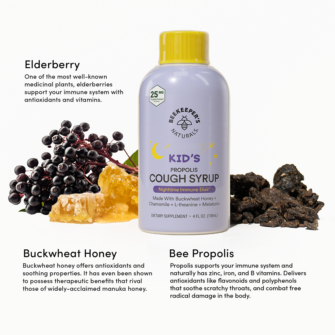 Kids cough syrup ingredients: elderberry, buckwheat honey, and bee propolis for immune support. Nighttime immune elixir.