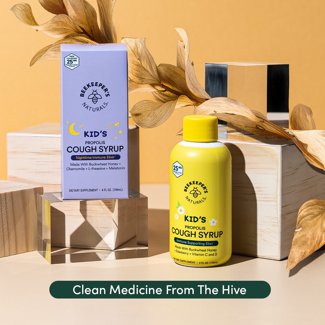 Kid's Nighttime Honey Cough Syrup display: Propolis elixir for immune support featuring buckwheat honey, chamomile,