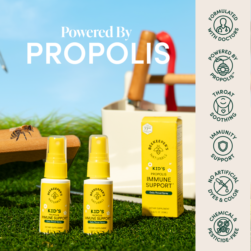 Kids Propolis Throat Spray by Beekeeper's Naturals for immune support. "Powered By Propolis" displayed with benefits.