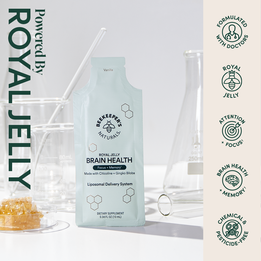 Royal Jelly Brain Health packet by Beekeeper's Naturals, featuring focus and memory support, liposomal delivery system.