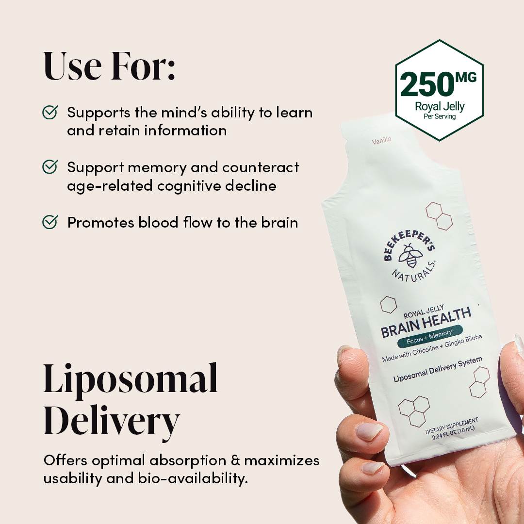 Royal Jelly Brain Health shown in packaging highlights brain health benefits, ingredients, & liposomal delivery system.