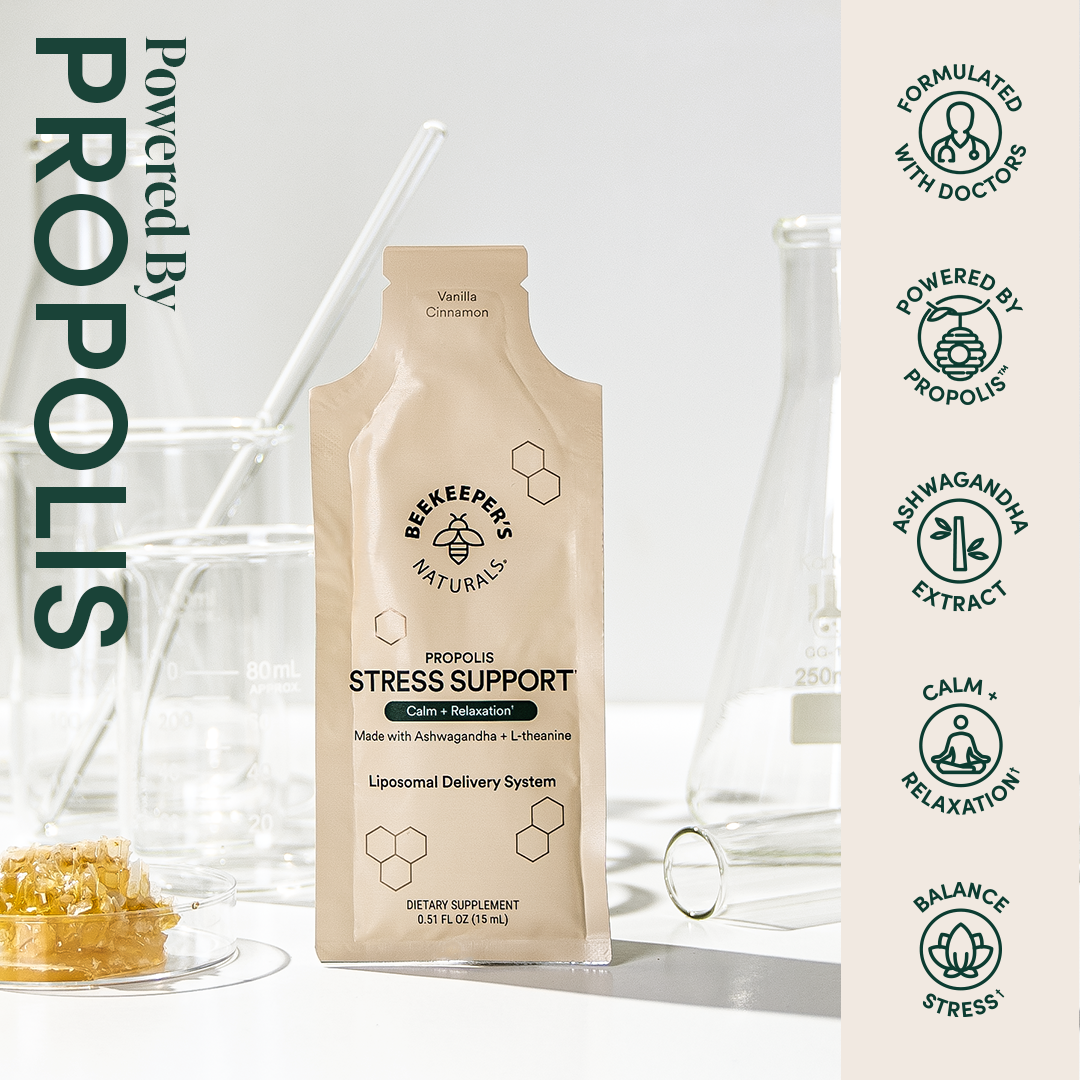 Beekeeper's Naturals Propolis Stress Support packet. Vanilla cinnamon flavor. Includes Ashwagandha and L-theanine for calm &