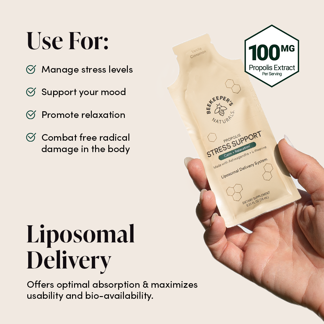 Propolis Stress Support, Vanilla Cinnamon flavor shown. Manage stress, relaxation, & liposomal delivery benefits. 100mg