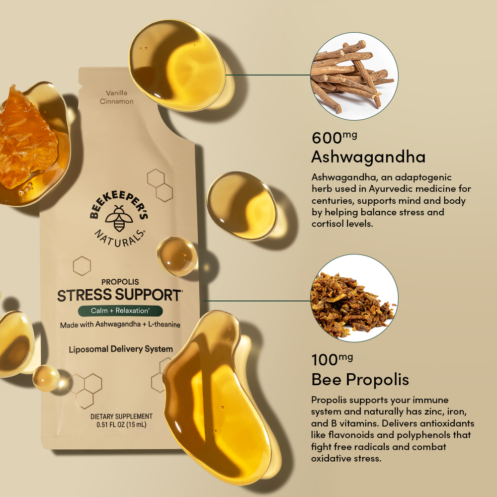 Propolis Stress Support details: ingredients like Ashwagandha (600mg) & Bee Propolis (100mg) for calm & relaxation.