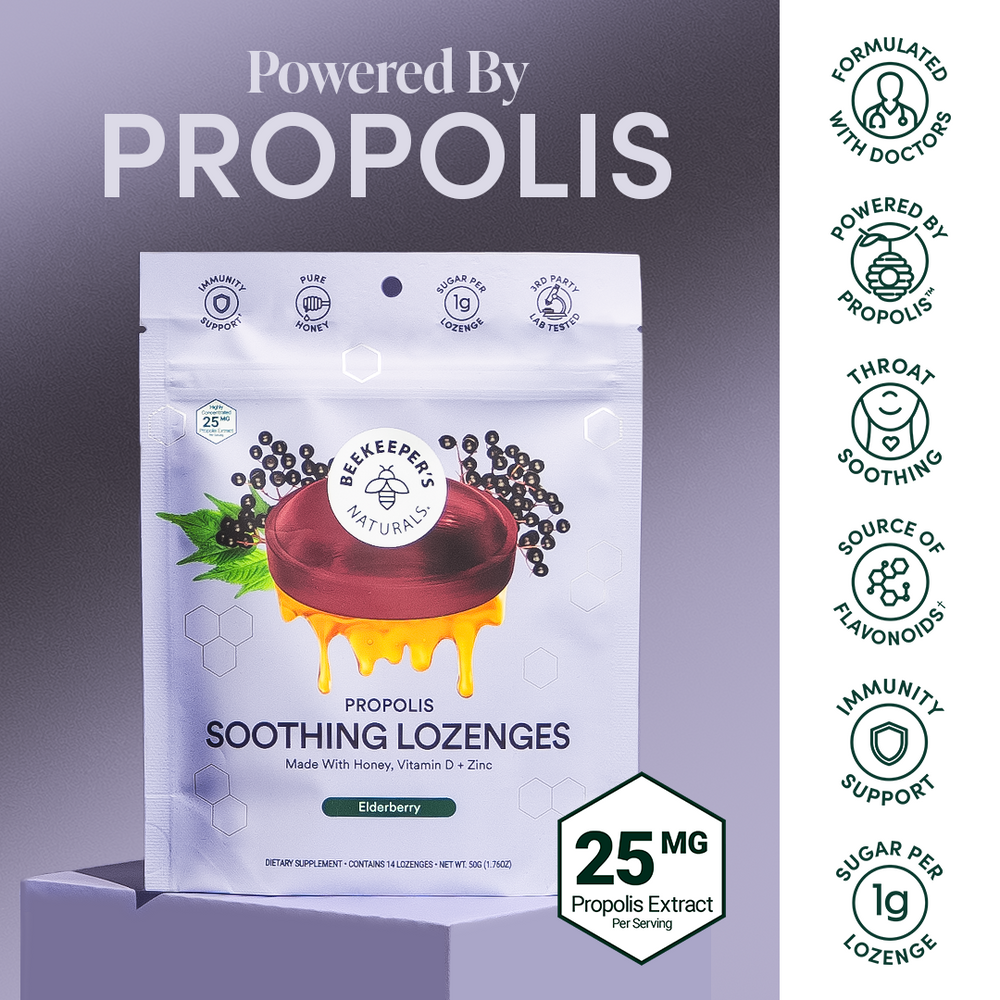 Elderberry Soothing Lozenges package. Contains honey, Vitamin D, & Zinc. Propolis extract, 25mg per serving. Immunity