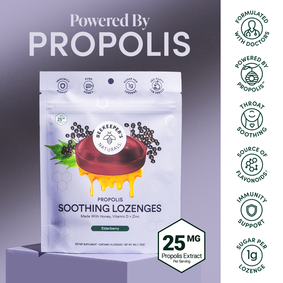 Elderberry Soothing Lozenges package. Contains honey, Vitamin D, & Zinc. Propolis extract, 25mg per serving. Immunity