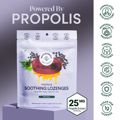 Elderberry Soothing Lozenges package. Contains honey, Vitamin D, & Zinc. Propolis extract, 25mg per serving. Immunity