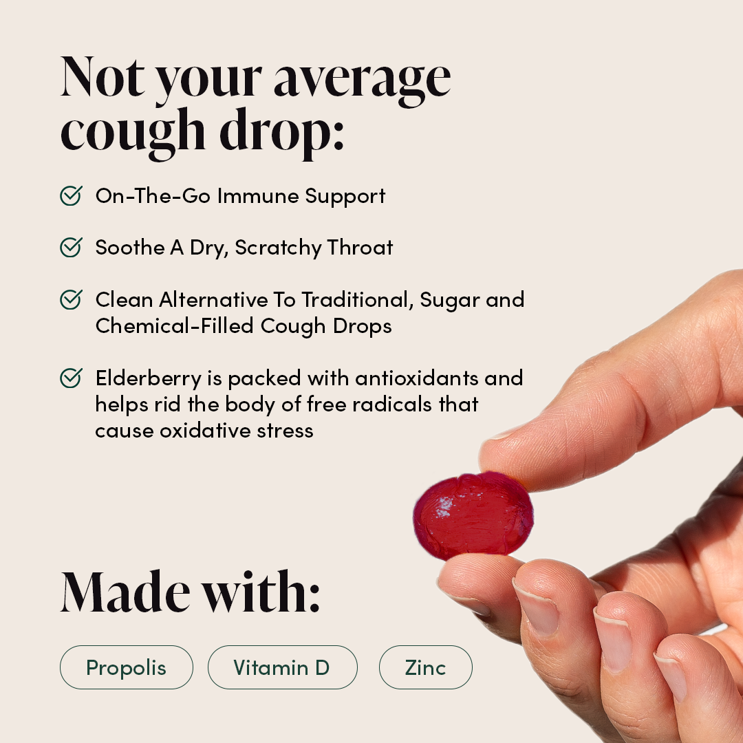 Elderberry lozenge benefits: immune support, soothes scratchy throat, clean alternative, antioxidants. Made with propolis,