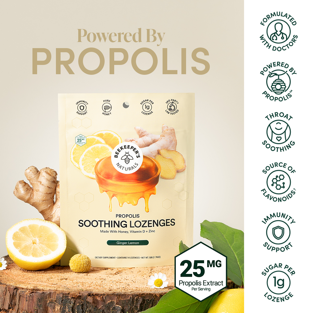 Beekeeper's Naturals Ginger Lemon Soothing Lozenges for throat comfort, with honey, vitamin D, and zinc. Supports immunity.