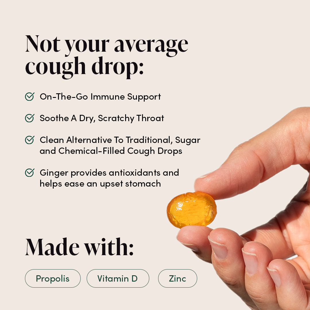Ginger Lemon Lozenges benefits: immune support, soothes scratchy throat, and eases upset stomach. Made with propolis,