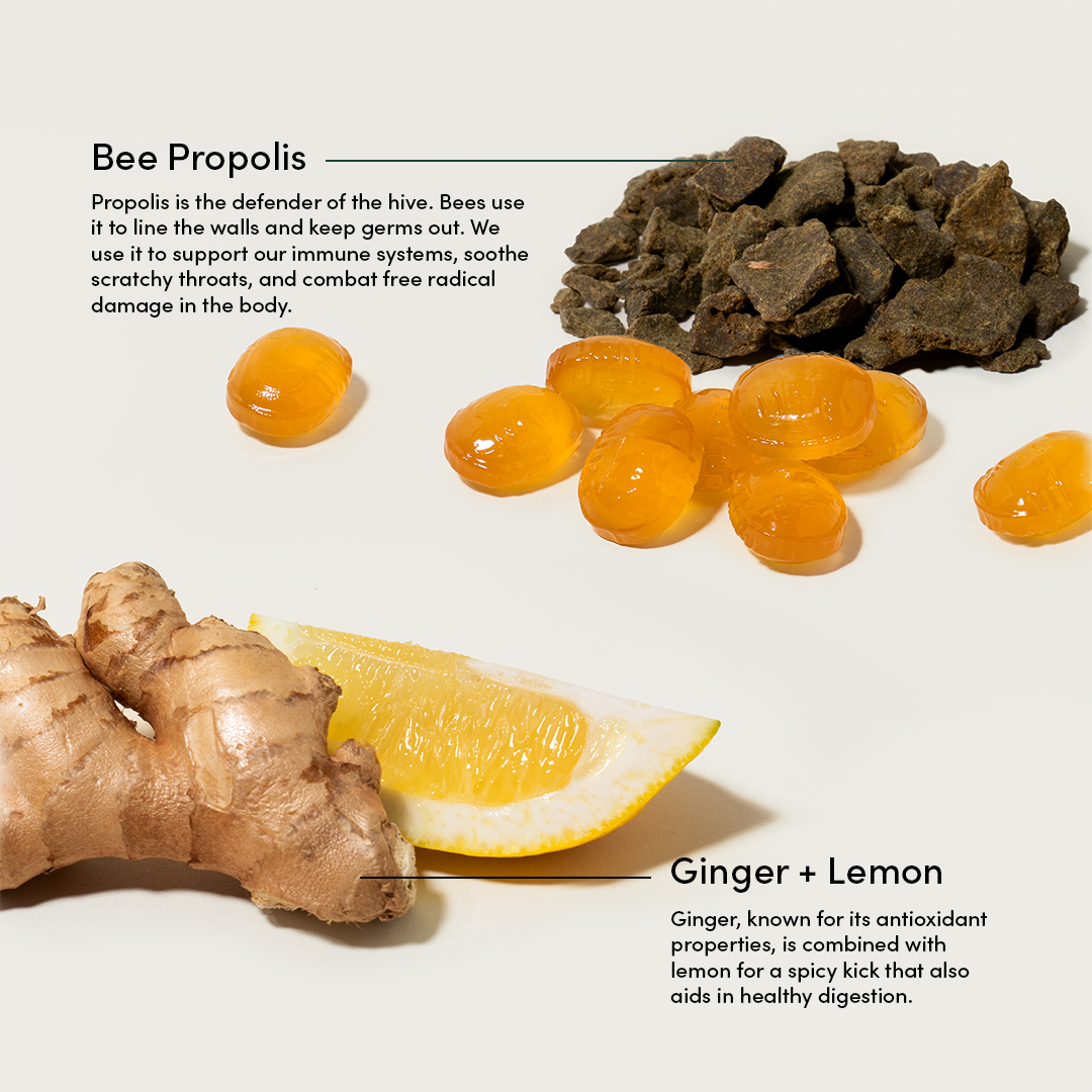 Ginger Lemon Lozenges ingredients: Bee propolis to soothe sore throats, ginger and lemon for digestion support.