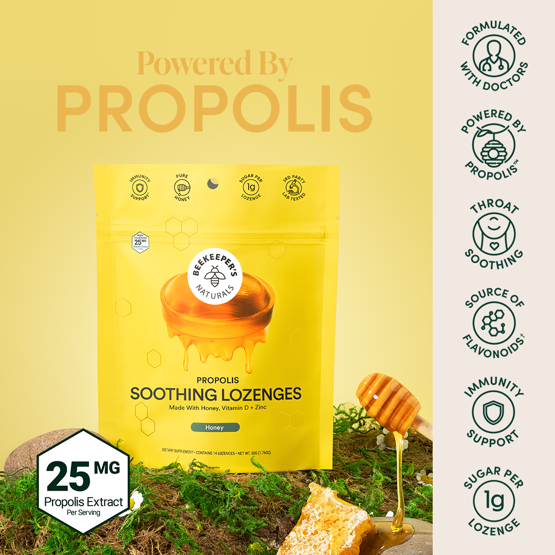 Beekeeper's Naturals Propolis Soothing Lozenges for throat health. Image highlights "Powered by Propolis" text and key