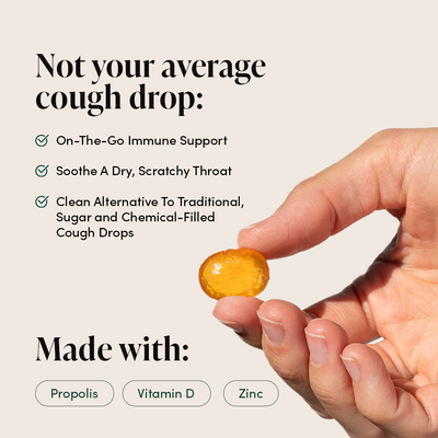 Immune support lozenges with propolis, vitamin D, and zinc to soothe a dry, scratchy throat. Clean alternative to