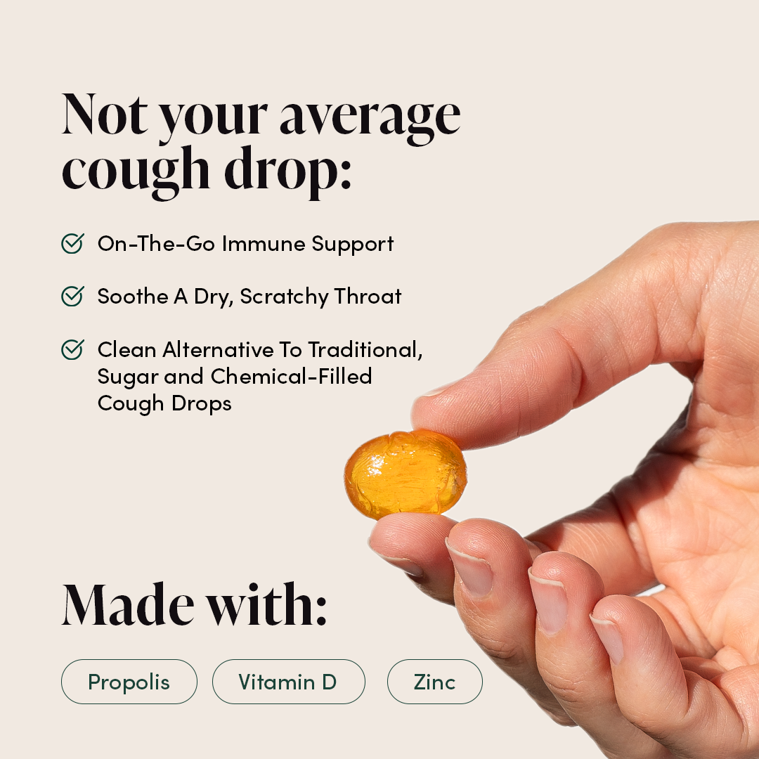 Immune support lozenges with propolis, vitamin D, and zinc to soothe a dry, scratchy throat. Clean alternative to