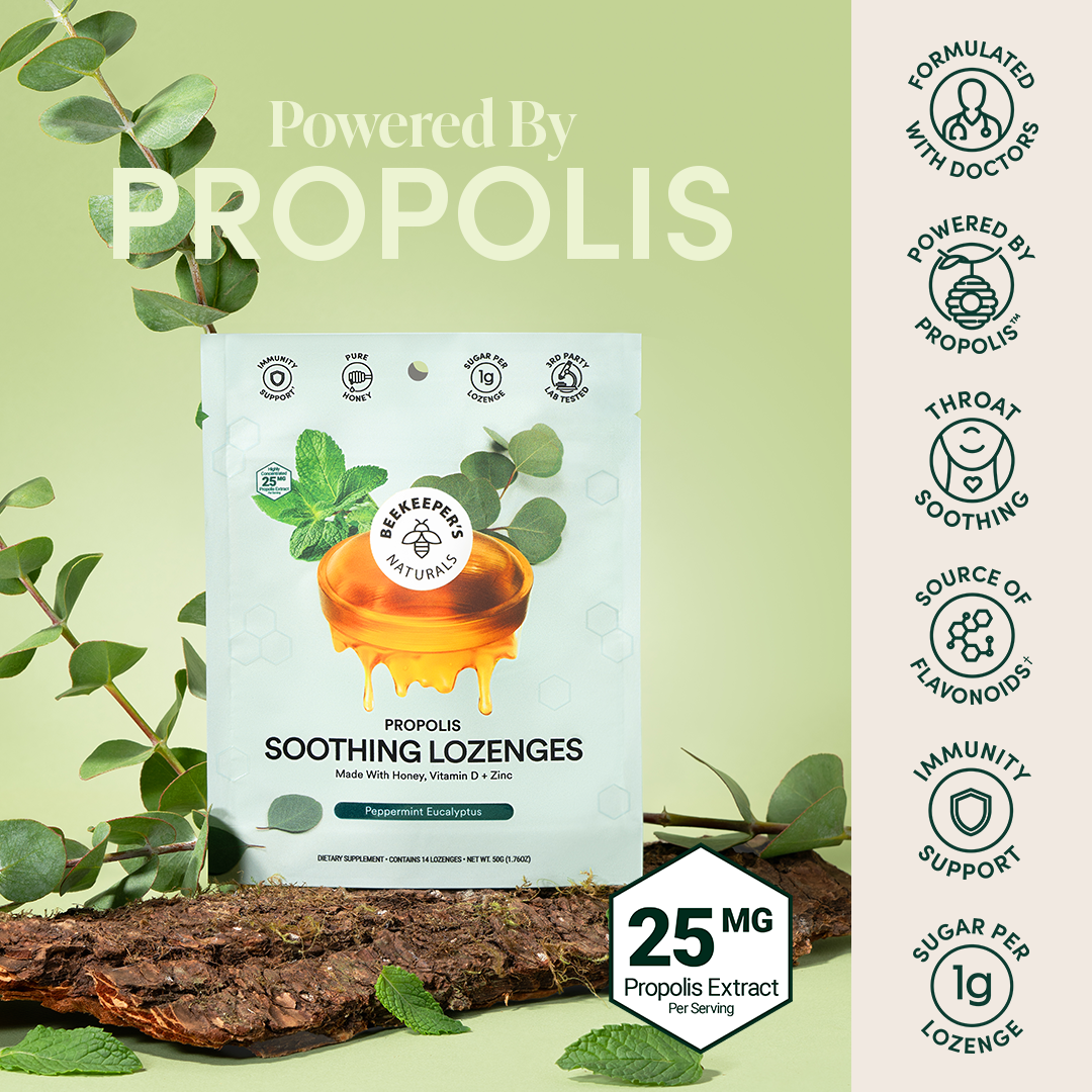 Propolis lozenges for throat soothing. Made with honey, vitamin D, & zinc. "25 mg Propolis Extract Per Serving"